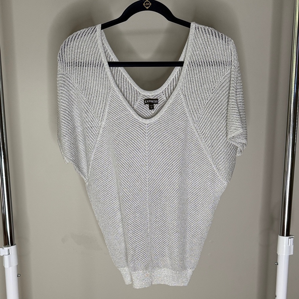 Express Grey Sparkle Knit Rounded V-Neck Top